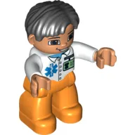 Duplo Figure Side Parted Hair Black, with Orange Legs, with ID Badge and EMT Star of Life Print, Brown Eyes (Medic)