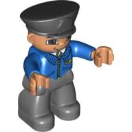 Duplo Figure with Police Style Hat Black, with Open Smile, Blue Jacket with Mail Horn, Dark Bluish Gray Legs