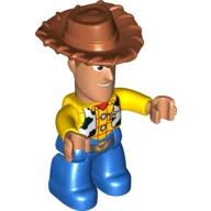 Duplo Figure with Cowboy Hat, Blue Legs, and White Cow Skin Vest Print (Woody)