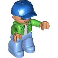 Duplo Figure with Cap Blue, with Bright Green Long Sleeve Shirt over White Shirt - Medium Blue Legs
