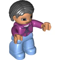 Duplo Figure Bob / Pageboy Hair Black, with Medium Blue Legs, Magenta Top, Brown Eyes