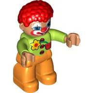 Duplo Figure with Clown Hair Red, with Painted Face, 3 Buttons and Flower on Shirt Print, and Orange Legs