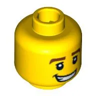 Minifig Head Race Car Driver, Thick Brown Eyebrows, White Pupils and Grin with Teeth Print