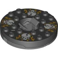 Turntable 6 x 6 Round Dark Bluish Gray Base with Black Top with White Skulls on Orange Print (Ninjago Spinner)
