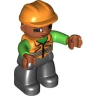 Duplo Figure with Construction Helmet Orange, with Orange Vest over Green Shirt, Medium Nougat Face and Hands, and Black Legs