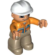 Duplo Figure with Construction Helmet White, and Orange Long Sleeve Jacket, Dark Tan Legs