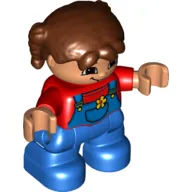 Duplo Figure Child with Pigtails Reddish Brown, with Red Top Under Blue Overalls with Yellow Flower in Pocket, Blue Legs