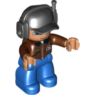Duplo Figure with Headset and Cap Black, with Reddish Brown Top with ID Badge Print, Nougat Face and Hands, and Blue Legs