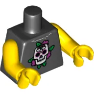 Torso Skull and Dark Pink Roses Print, Yellow Arms and Hands