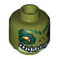Minifig Head Crawley, Dual Sided, Crocodile with Dark Green Eye Borders, Wide Eyes / Narrow Eyes Print [Hollow Stud]