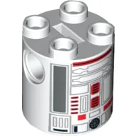 Brick Round 2 x 2 x 2 Robot Body, Axle Holder '+' Orientation with Red and Silver Astromech Droid Print (R4-G0)