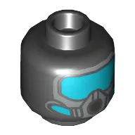 Minifig Head Batman, White Stripe on Forehead and Cheek Lines / Silver Mask with Medium Blue Goggles Print