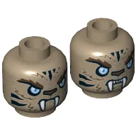 Minifig Head Strainor, Dual Sided, Tiger with Fur, Fangs, Light Blue Eyes and Black Stripes, Neutral / Angry Print [Hollow Stud]