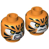 Minifig Head Tormak, Dual Sided, Tiger with Orange Eyes, Fangs and Black Stripes, Neutral / Angry Print [Hollow Stud]