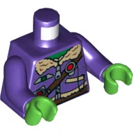 Torso Aviator Jacket with Silver Badge, Radio and Brown Belts Print, Dark Purple Arms, Bright Green Hands