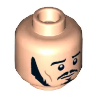 Minifig Head Bard the Bowman, Long Black Sideburns, Moustache, Goatee, Frowning / Angry with Mud Splotches Print