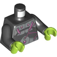 Torso Armor with Silver Metal Plates and Dark Pink Electrical Wires and Buttons Print, Black Arms, Lime Hands
