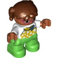 Duplo Figure Child with Pigtails Reddish Brown, with Yellow Halter Top with White Dots and Blue Bow over White Long Sleeve Top - Medium Nougat Face with Magenta Glasses - Green Legs