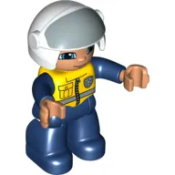 Duplo Figure with Helmet with Open Visor, White Helmet, Police, Dark Blue Legs & Jumpsuit with Yellow Vest