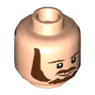 Minifig Head Qui-Gon Jinn, Dual Sided, Beard, Brown Eyebrows, Moustache, White Pupils, Smile / Frown Print [Hollow Stud]