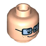 Minifig Head Velma, Dual Sided, Female, Freckles, Blue Tinted Glasses, Smiling / Scared Clenched Teeth Print [Hollow Stud]