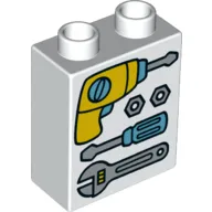 Duplo Brick 1 x 2 x 2 with Bottom Tube and Drill, Screwdriver, and Wrench Print