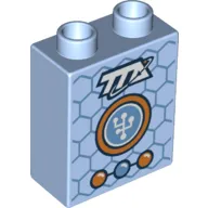 Duplo Brick 1 x 2 x 2 - Blue Interlocking Hexagonal Background (Honeycomb) with TTA Letters and Badge - 2 Orange and 1 Blue connected Circles / Buttons print