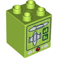 Duplo Brick 2 x 2 x 2 with Computer Screen with Spaceship and White Arrows and Red Button Print