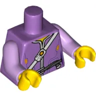 Torso Jacket with White Shoulder Strap with Device, Dark Bluish Gray Thin Belt Print, Lavender Arms, Yellow Hands