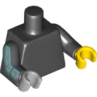 Torso, Odd Hands, Plain, Black Arms with Silver Mechanical Print, Left Yellow Hand, Right Light Bluish Gray Hand