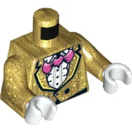 Torso Jacket with White Speckles over Ruffled Shirt, Pink Bat Bow Tie, Two Buttons Print (Batman), Pearl Gold Arms with Speckles Print, White Hands