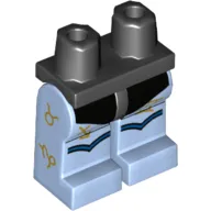 Hips and Bright Light Blue Legs with Black Swimsuit, Gold Zodiac Signs, and Blue Knee Straps Print