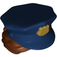 Hair and Hat, Bun, Police with Dark Blue Top with Gold Badge and Reddish Brown Hair Print