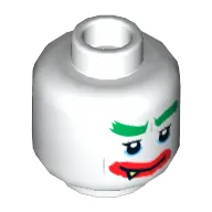 Minifig Head Joker, Dual Sided Green Eyebrows, Red Lips, 1 Fang, Sardonic Smile / Worried Wide Grin Print [Hollow Stud]