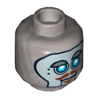 Minifig Head Robot Hoodlum, Blue Robot Eyes, Silver Face Panel, Raised Eyebrow, Brown Moustache and Goatee Print [Hollow Stud]