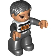 Duplo Figure with Parted Wavy Hair Black, Black and White Striped Top with '92116' (Prisoner)