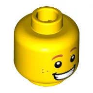 Minifig Head Hot Dog Man, Dark Orange Eyebrows and Freckles, Wide Grin with Teeth Print [Hollow Stud]