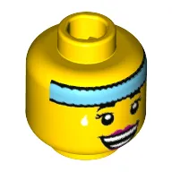 Minifig Head Dance Instructor, Dark Azure Headband, White Sweat Drops, Open Smile with Magenta Lips Print [Hollow Stud]