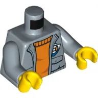 Torso Jacket, Open over Orange Sweater, Pockets, Coast Guard Logo Badge Print, Sand Blue Arms, Yellow Hands