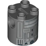 Brick Round 2 x 2 x 2 Robot Body, Axle Holder '+' Orientation with Silver Astromech Droid Print (R3-S1)