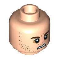 Minifig Head Bala-Tik, Dual Sided, Dark Brown Eyebrows and Stubble, Dark Orange around Eyes, Scared / Sneer Print [Hollow Stud]
