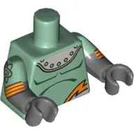 Torso, Dual Molded Arms, Armor with Rivets and Orange Lightning Print, Sand Green Sleeves Pattern, Dark Bluish Gray Arms and Hands with Atom and Orange Stripes Print