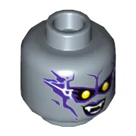 Minifig Head Harpy, Dual Sided, Female with Yellow Eyes, Lightning, Purple Lips, Fangs, Smile / Wink, Lopsided Smirk Print [Hollow Stud]