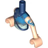 Minidoll Torso Girl with Armored Top with Blue, Silver, and Light Aqua Trim, Water Icon Print, Light Nougat Arms with Hands with Blue Tattoo Print
