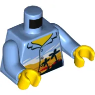 Torso Hawaii Shirt, Palm Trees, Sunset Print, Medium Blue Arms, Yellow Hands