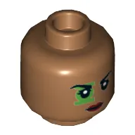Minifig Head Green Lantern (Jessica Cruz), Dual Sided, Eyebrows, Green Lantern Logo over Eye, Red Lips Black Eyes / Green Eyes Print [Hollow Stud]