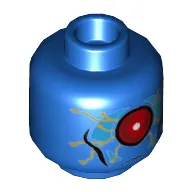 Minifig Head OMAC, Large Red Eye in Dark Azure Panel, Gold Circuitry Print [Hollow Stud]