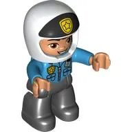 Duplo Figure with Helmet White with Black Front and Badge, Black Legs, Dark Azure Top with Badge and Radio Print (Police)
