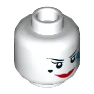 Minifig Head Harley Quinn, Thin Eyebrows, Red Lips, Smile, Heart on Cheeks, Dark Azure Paint Splotch, Smile / Open Mouth Smile Print