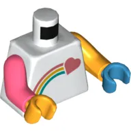 Torso, Odd Arms and Hands, Coral Shooting Heart and Rainbow Print, Left Bright Light Orange Arm and Dark Azure Hand, Right Coral Arm and Bright Light Orange Hand